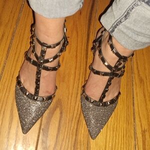 BCBG Glittering Silver Studded Kitten Heels